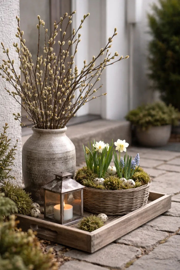 Frühlingsdeko für den Hauseingang: 5 wunderschöne Ideen für März Hauseingang im März dekoriert mit Naturmaterialien, Zweigen, Moos und Frühblühern in Töpfen