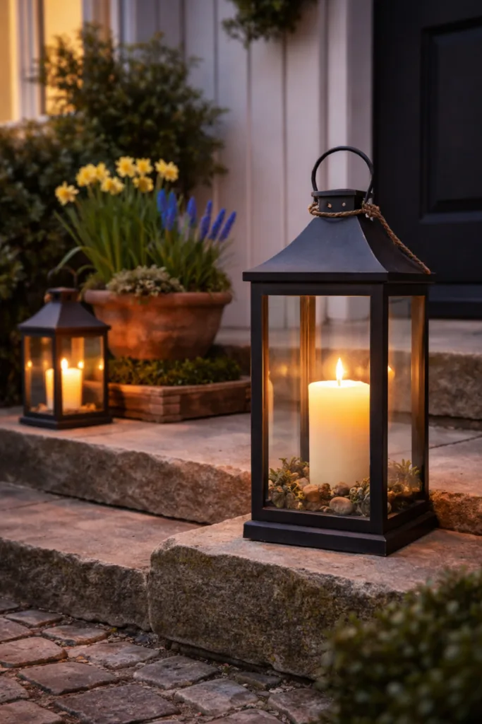 Frühlingsdeko für den Hauseingang: 5 wunderschöne Ideen für März Laternen mit Kerzen am Hauseingang im März, warme Abendstimmung mit Frühlingspflanzen und Licht
