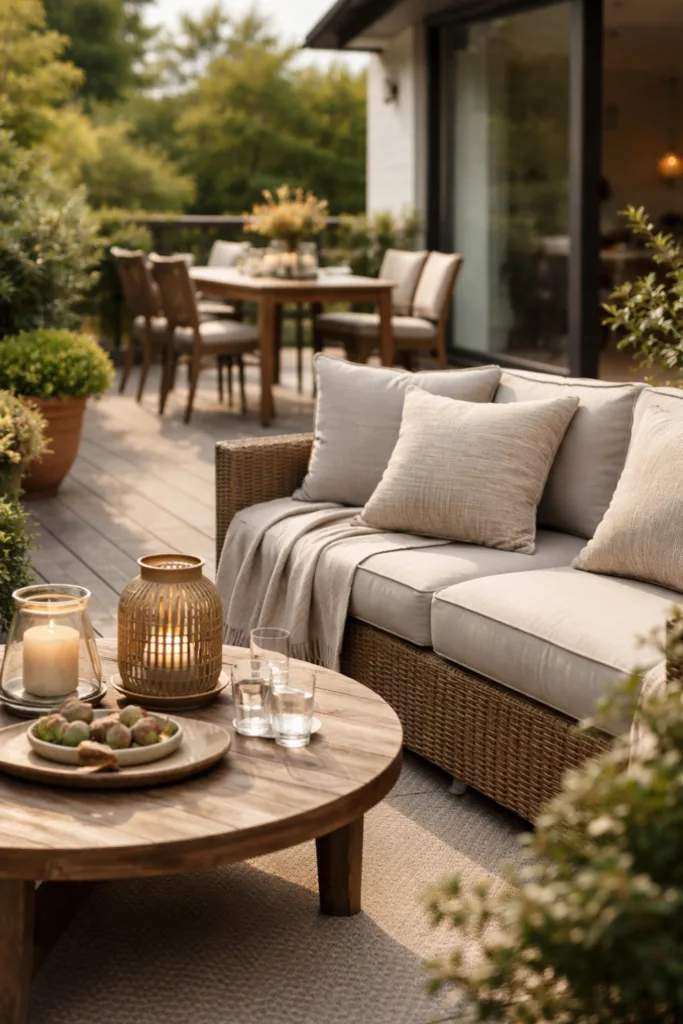 Große Terrasse gemütlich gestalten mit Lounge-Ecke, Essbereich und Pflanzenkübeln als Raumstruktur