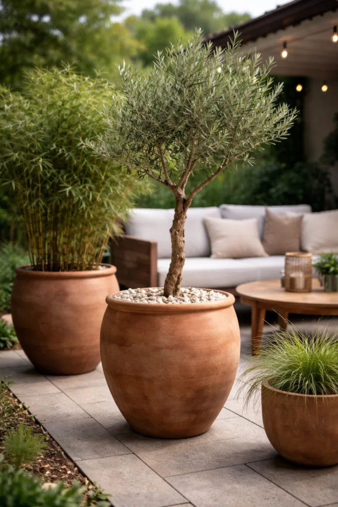 Große Pflanzkübel mit Olivenbaum auf Terrasse als Idee für große Terrasse gemütlich gestalten