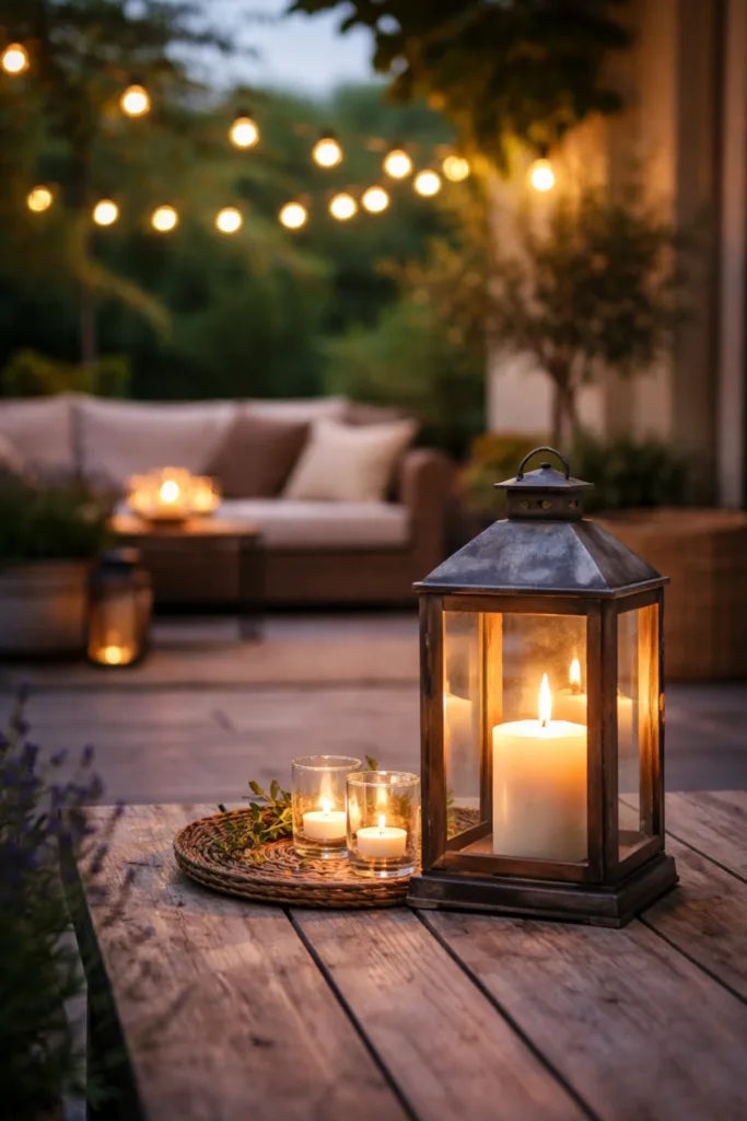 Gemütliche Terrassenbeleuchtung auf großer Terrasse mit Laterne, Kerzen und Lichterkette für stimmungsvolle Atmosphäre