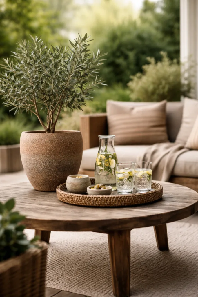 Große Terrasse gemütlich gestalten mit Holz, Textilien und Terrakotta-Kübelpflanze im modernen Outdoor-Wohnbereich