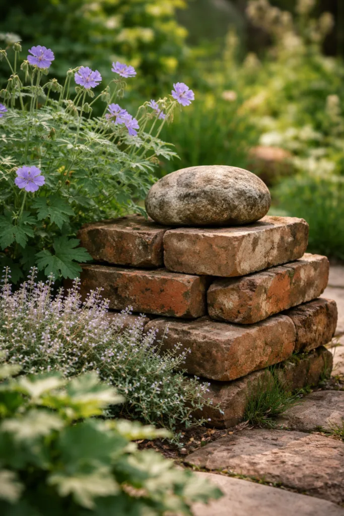 Rustikale Gartendeko: 5 Ideen, die deinen Garten sofort verschönern Rustikale Gartendekoration mit Naturstein und alten Ziegeln als Struktur im Staudenbeet im Garten