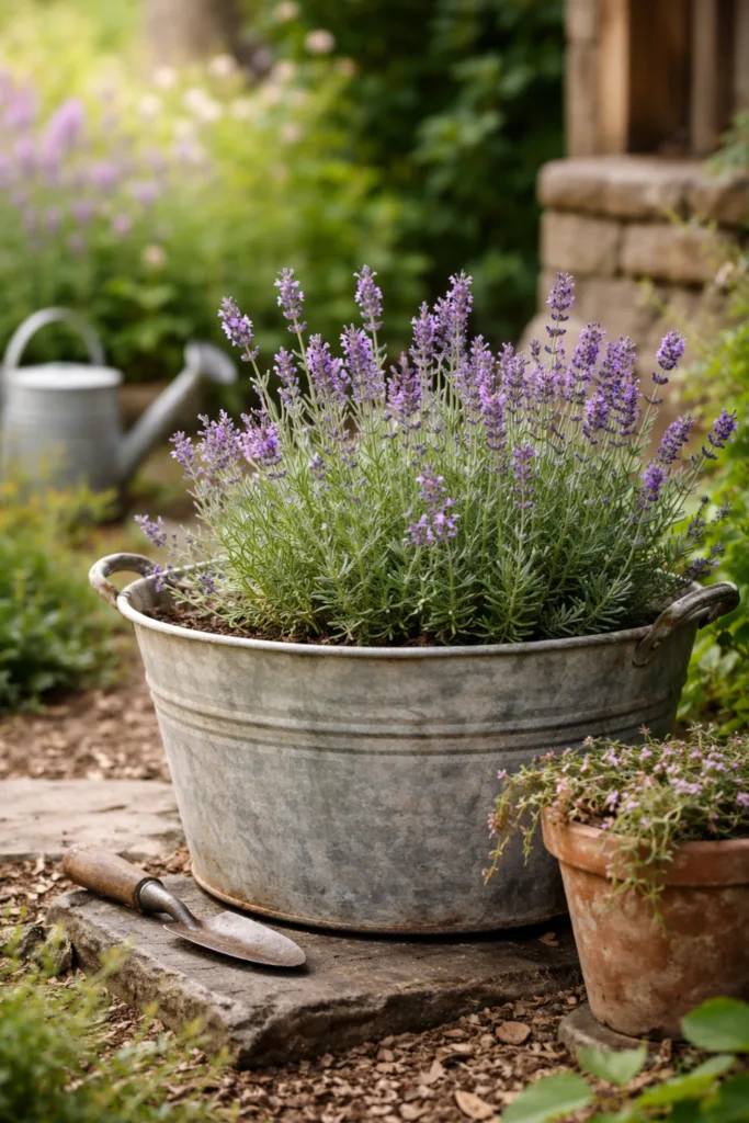 Rustikale Gartendeko: 5 Ideen, die deinen Garten sofort verschönern Rustikale Gartendekoration mit alter Zinkwanne als Pflanzgefäß mit Lavendel im naturnahen Garten
