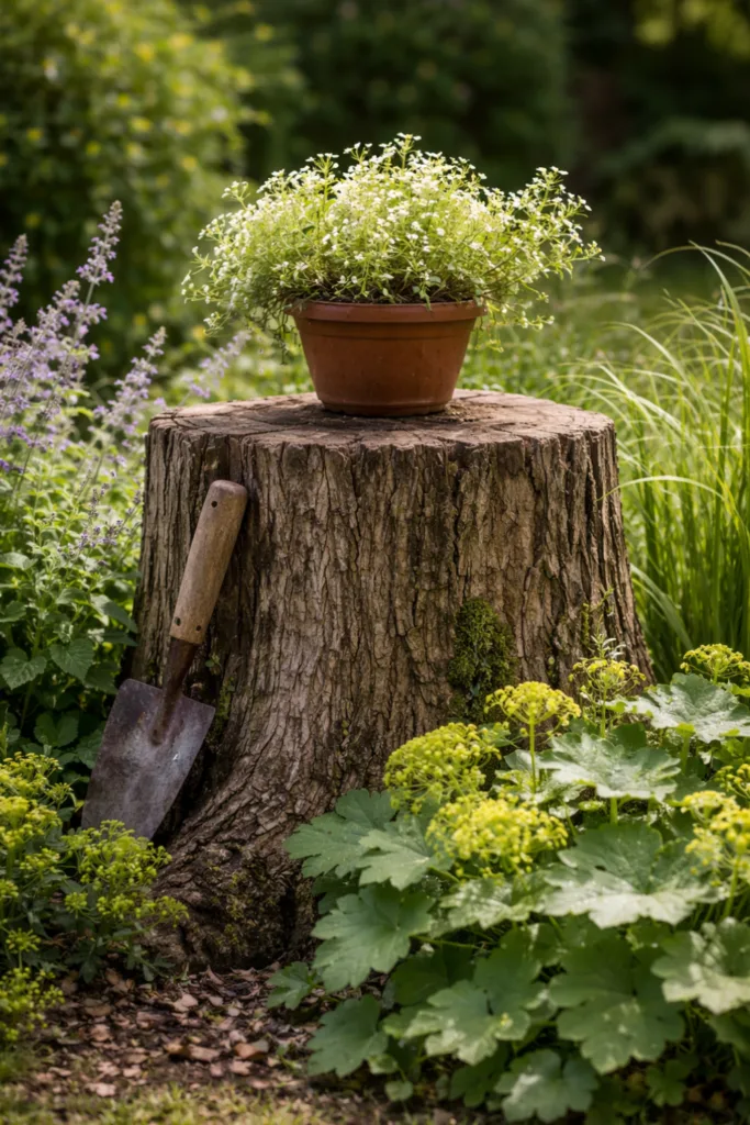 Rustikale Gartendeko: 5 Ideen, die deinen Garten sofort verschönern Rustikale Gartendekoration mit altem Holzstamm im Beet, umgeben von Stauden und Naturpflanzen