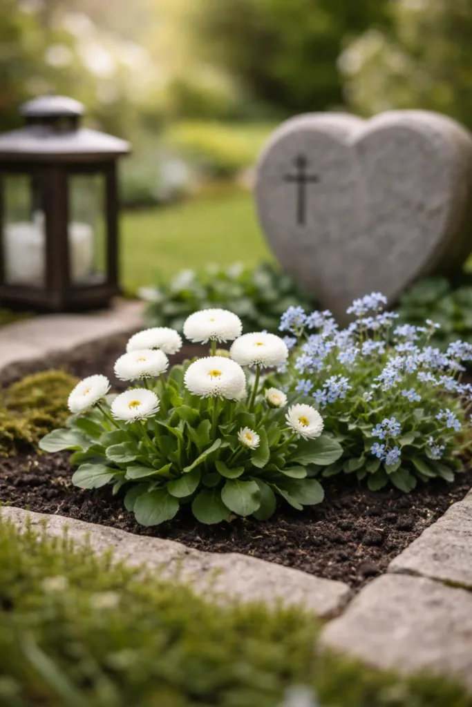 Grab im Frühling pflegeleicht gestalten mit Bellis und Vergissmeinnicht als Frühlingsinsel auf Grabbeet