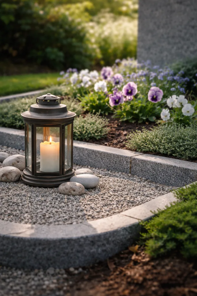 Grab im Frühling pflegeleicht gestalten mit Kiesfläche, Laterne und Frühblühern auf gepflegtem Grabbeet