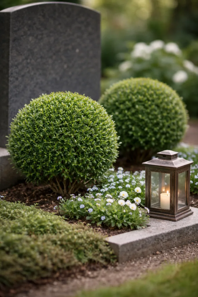 Grab im Frühling pflegeleicht gestalten mit Ilex Kugeln, Bodendeckern und Laterne am Grabstein