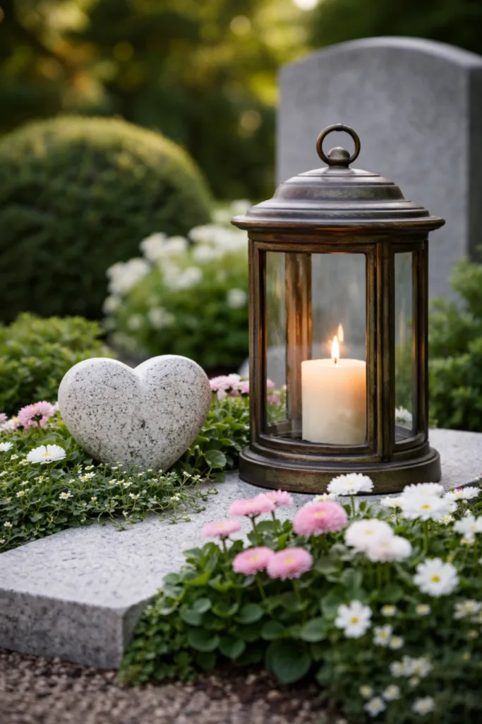 Grab im Frühling pflegeleicht gestalten mit Naturstein, Laterne und Frühlingsblumen auf Grabfläche
