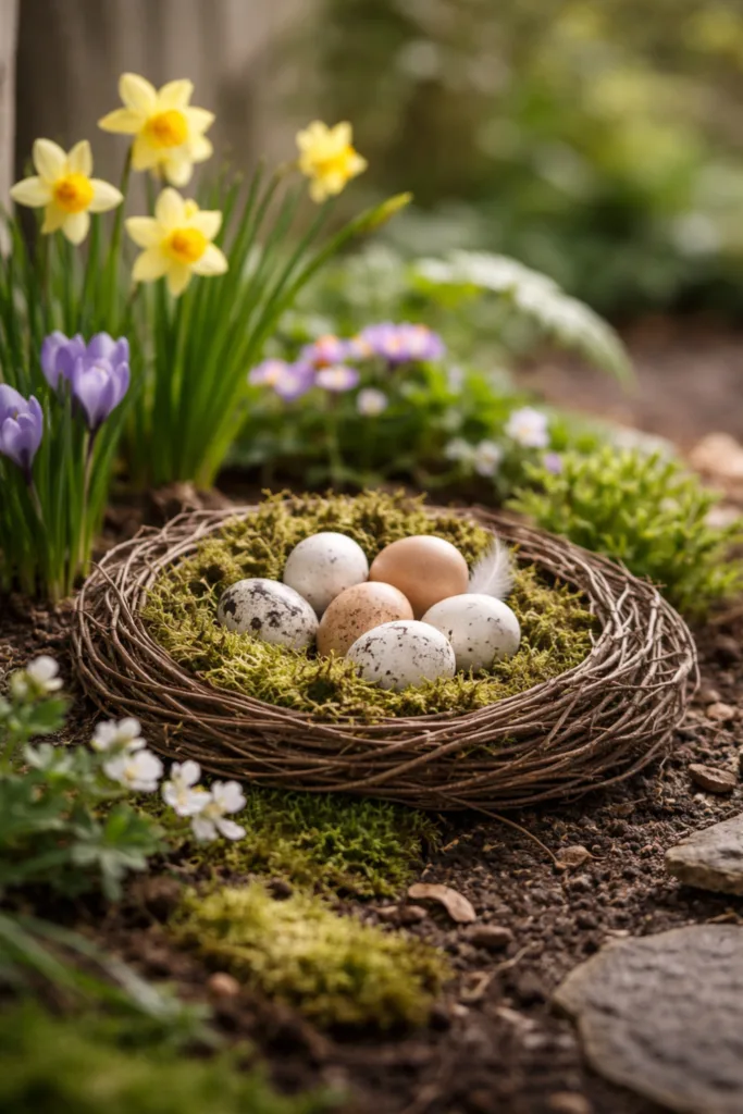 Natürliches Osternest im Beet mit Moos, Zweigen und Eiern zwischen Frühlingsblumen dekoriert