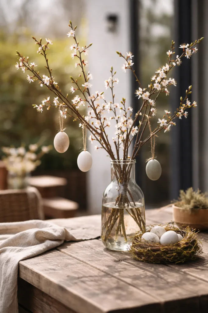 Osterzweige als schneller Blickfang in Vase mit Eiern und Blüten im natürlichen Gartenstil