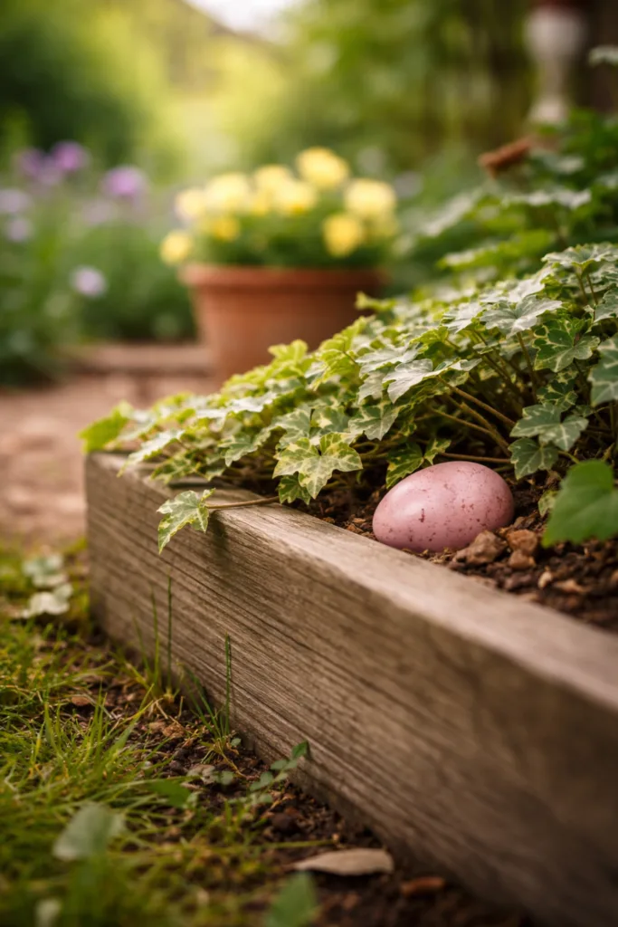 Osterei im Beet versteckt am Gartenrand zwischen Pflanzen als natürliches Ostereierversteck
