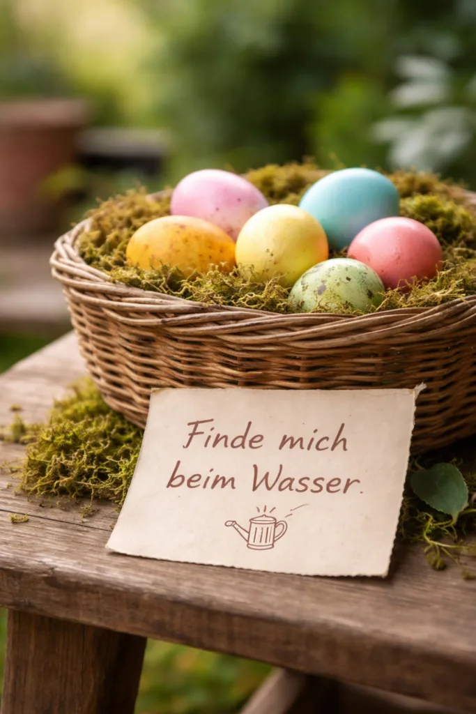 Ostereierversteck mit Hinweis im Garten für spannende Ostereiersuche mit Rätseln