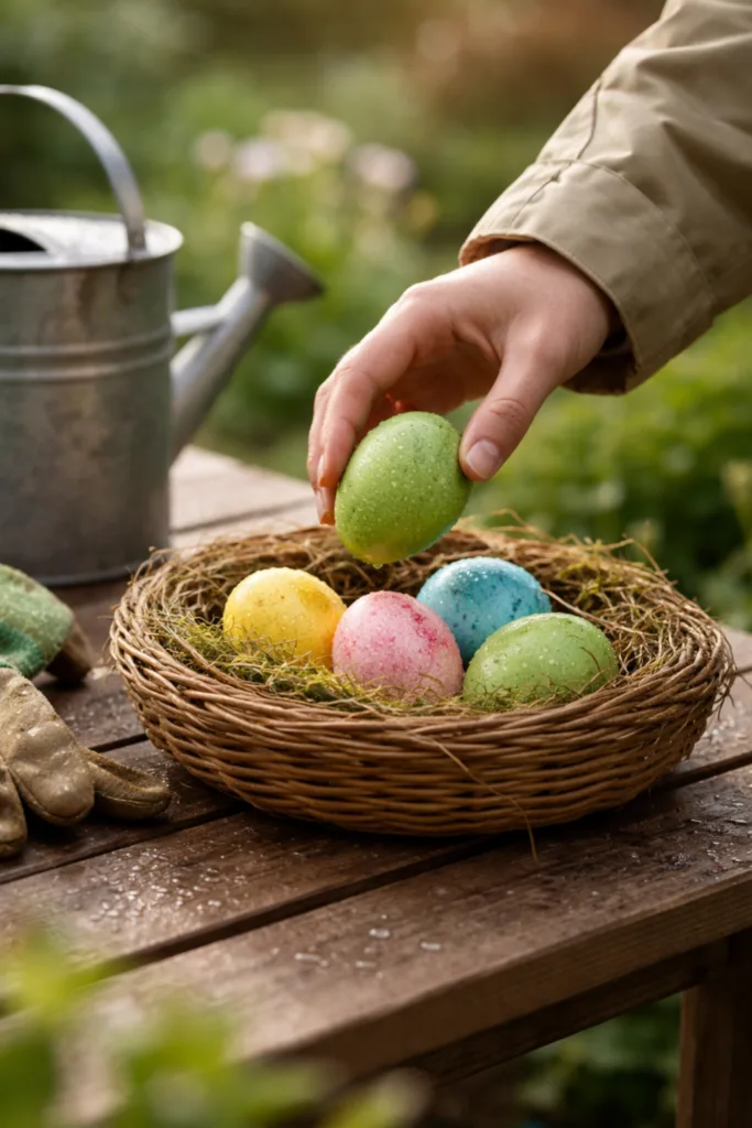 Sicheres Ostereierversteck im Garten bei feuchtem Wetter mit Korb und bunten Eiern auf Holztisch