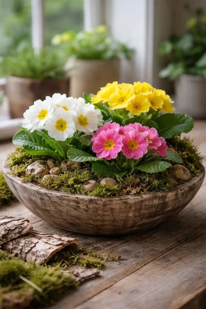 Primeln Deko mit Naturmaterialien in Holzschale mit Moos und Steinen im natürlichen Gartenstil