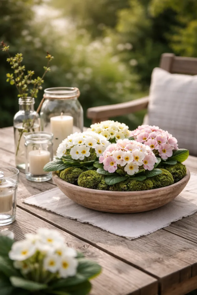 Primeln Tischdeko im Garten auf Holztisch mit Schale, Moos und Kerzen in natürlicher Frühlingsdekoration