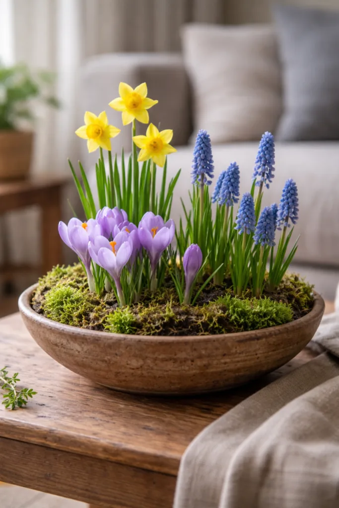 Frühblüher Deko in Schale mit Narzissen, Krokussen und Traubenhyazinthen als Frühlingslandschaft im Wohnzimmer arrangiert