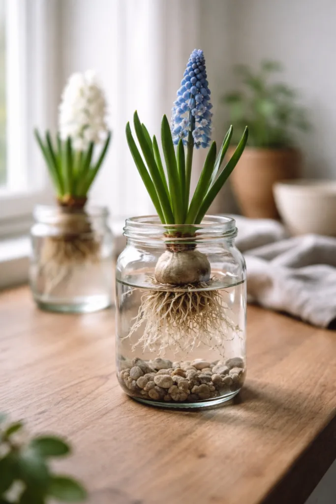 Frühblüher Deko in Schale mit Narzissen, Krokussen und Traubenhyazinthen als Frühlingslandschaft im Wohnzimmer arrangiert