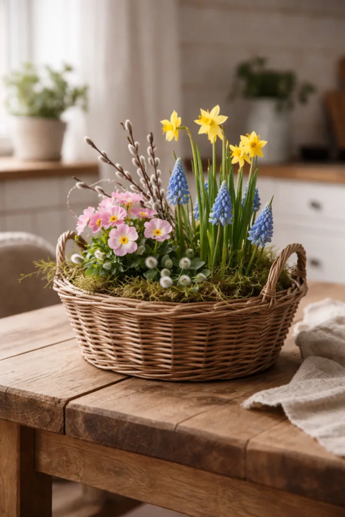 Frühblüher Deko im Weidenkorb mit Narzissen und Traubenhyazinthen als natürliche Frühlingsdeko für Zuhause