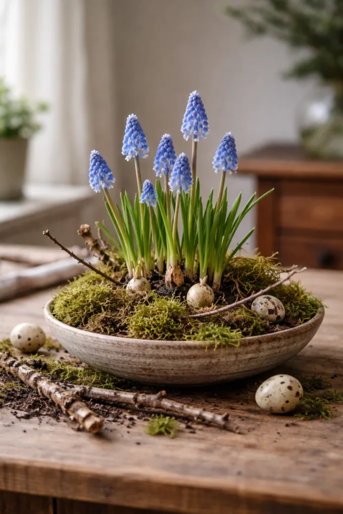 Frühblüher Deko mit Traubenhyazinthen, Moos und Zweigen in Schale auf Holztisch im natürlichen Frühlingsarrangement