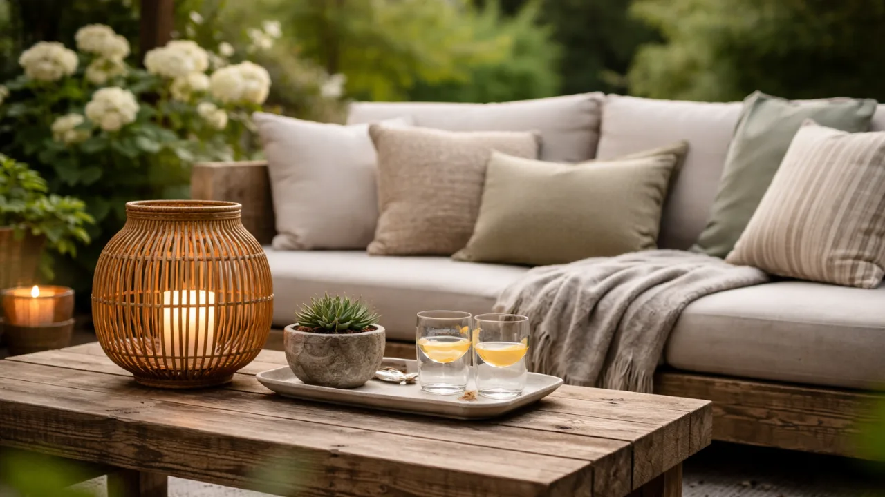 Garten Lounge Deko mit Holz Tisch, Kissen, Pflanzen und warmem Licht im Gartenbereich