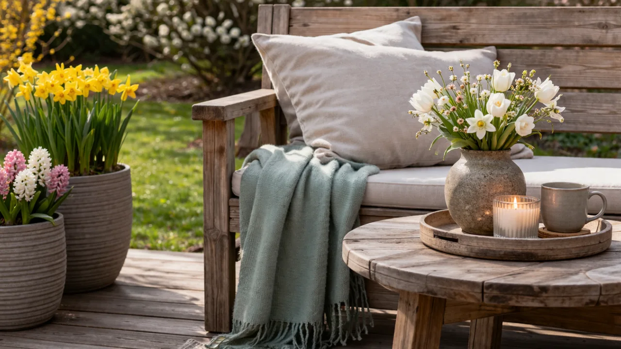 Sitzplatz im Garten mit Frühlingsakzenten, Holzbank, Kissen und Frühlingsblumen im April dekoriert
