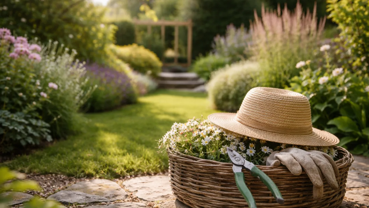 Gartengestaltung mit klarer Struktur, Beeten und harmonischem Gartenaufbau im Sonnenlicht