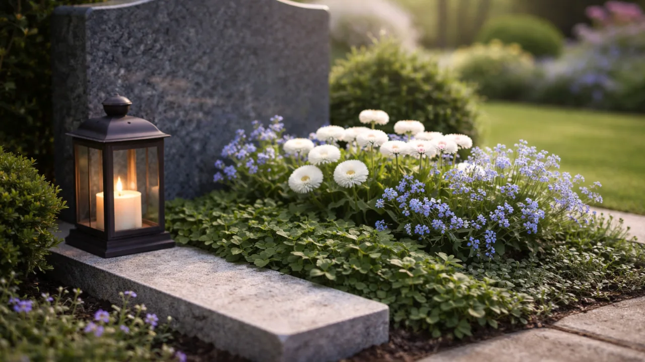 Grab im Frühling pflegeleicht gestalten mit Bodendeckern, Frühblühern und Laterne auf ruhiger Grabfläche