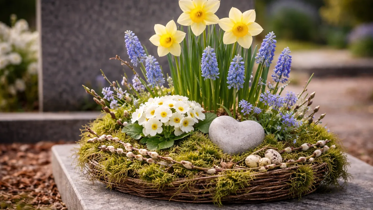 Frühlings Grabgesteck mit Narzissen, Traubenhyazinthen und Moos auf Grabstein dekoriert