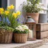 Hauseingang Deko im April mit Narzissen, Körben und natürlicher Frühlingsgestaltung vor Haustür