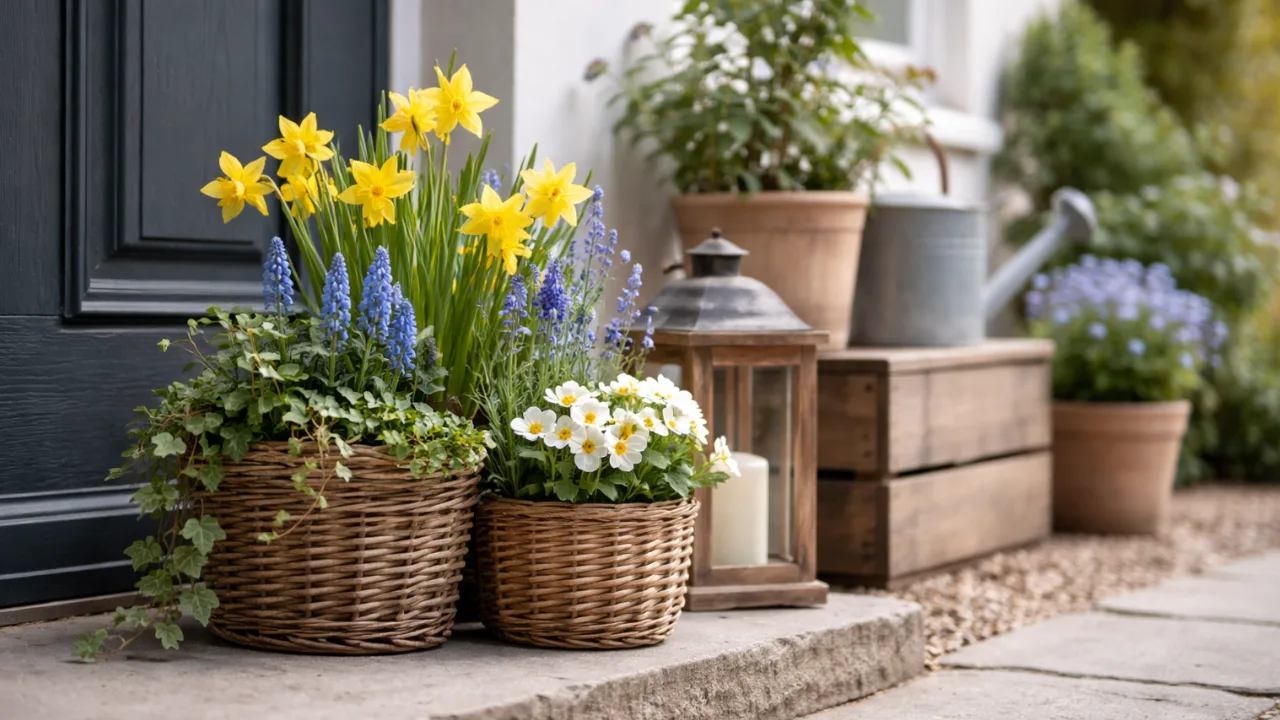 Hauseingang Deko im April mit Narzissen, Körben und natürlicher Frühlingsgestaltung vor Haustür
