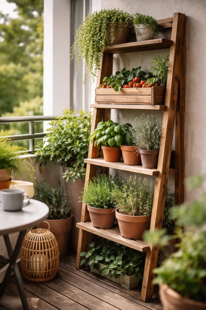Schmaler Balkon Ideen mit vertikalem Gärtnern und Pflanzenregal aus Holz im Tageslicht