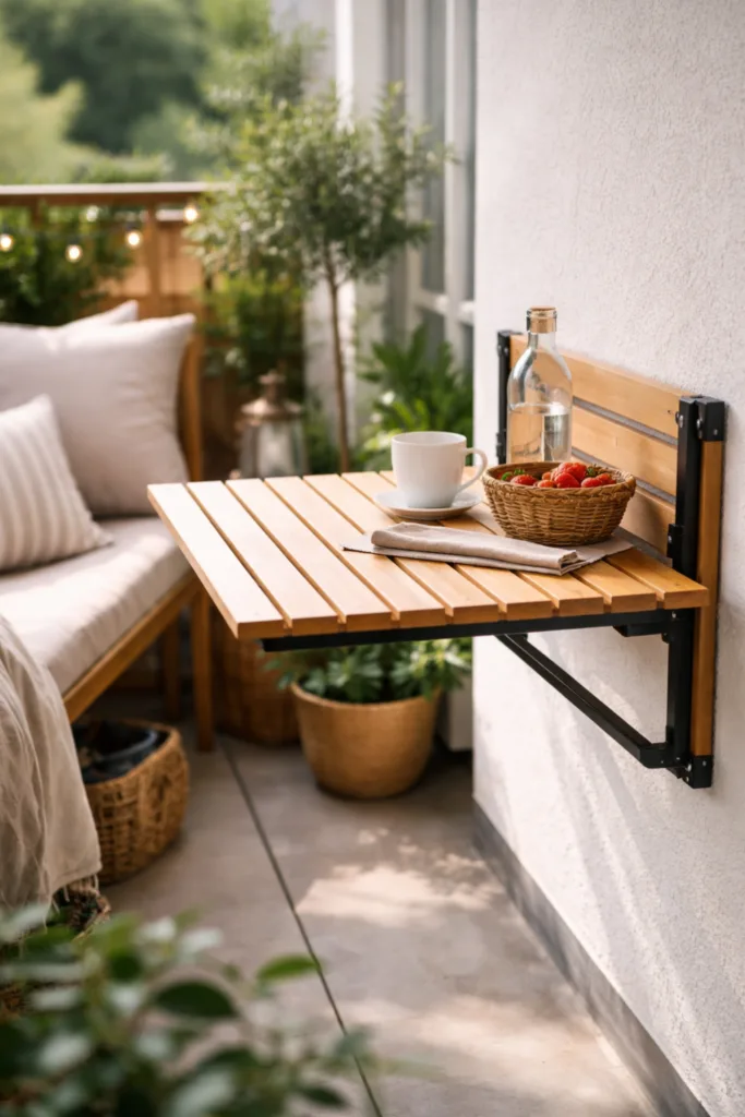 Schmaler Balkon mit klappbarem Tisch und multifunktionaler Nutzung für kleine Balkone
