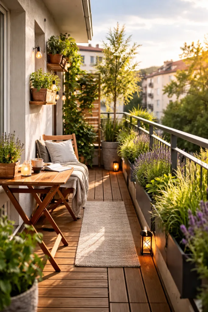 Schmaler Balkon längs gestaltet mit Pflanzen, Holz und klarer Struktur entlang des Geländers