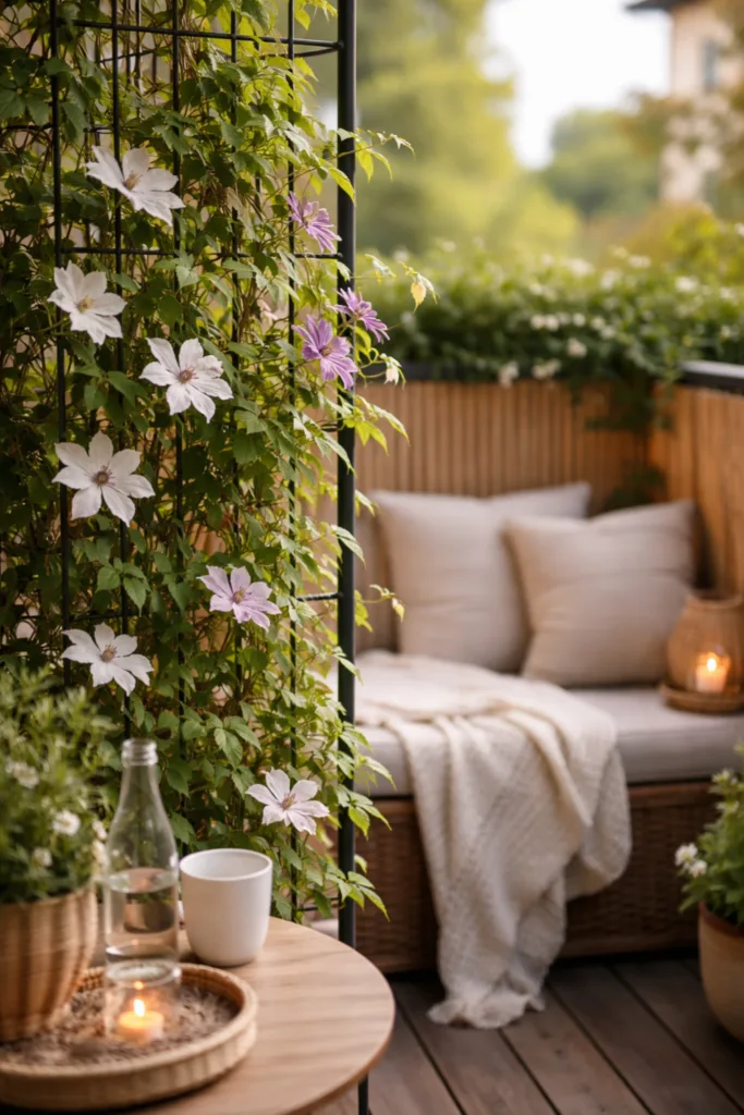 Schmaler Balkon mit Sichtschutz aus Clematis Rankgitter und gemütlicher Sitzecke mit Pflanzen und Holzdetails