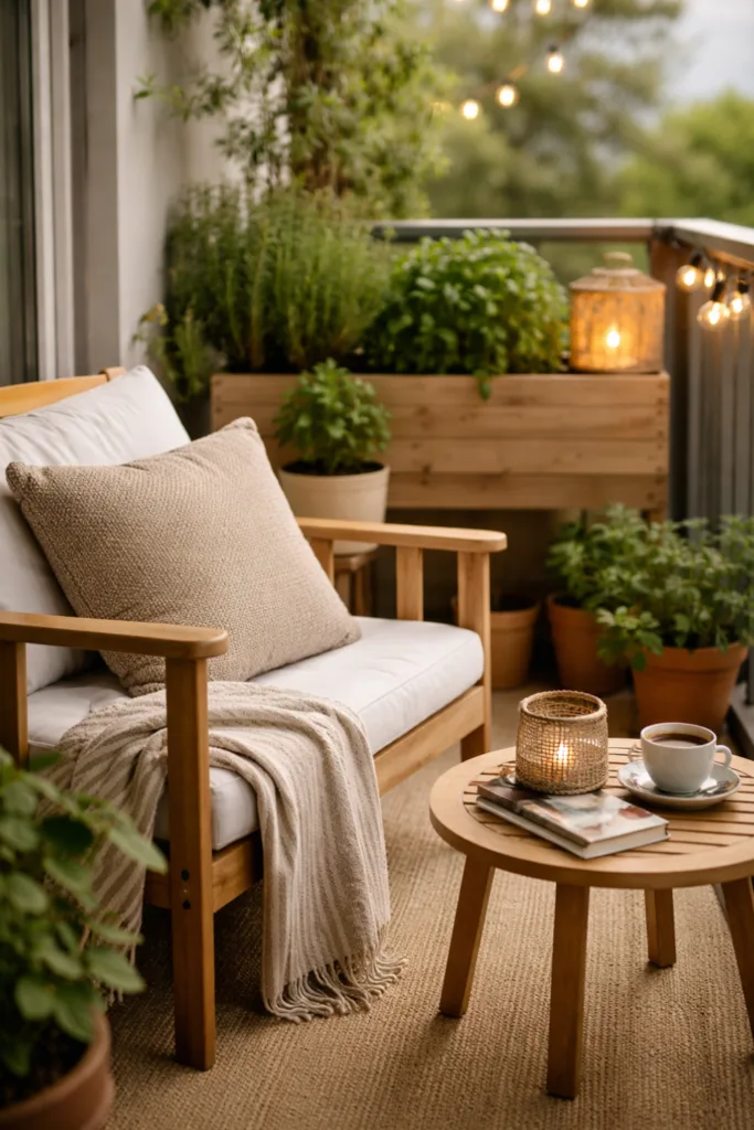 Schmaler Balkon mit klaren Zonen, Sitzbereich aus Holzstuhl und Pflanzen für Struktur und Atmosphäre