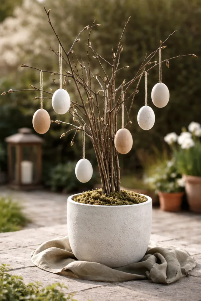 Osterstrauch Deko Garten minimalistisch mit Zweigen, Eiern und natürlicher Frühlingsgestaltung
