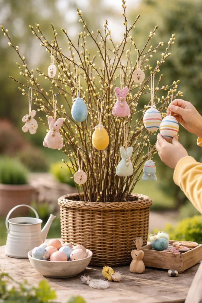 Osterstrauch Deko Garten mit Kindern, bunte Eier und natürliche Osterdeko im Frühling