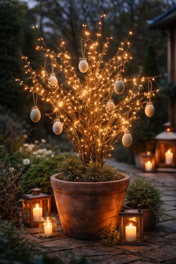 Osterstrauch Deko Garten mit Beleuchtung am Abend, warme Lichter im Blumentopf dekoriert