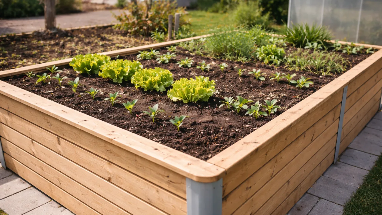 Frühlingsbeplanzung im Hochbeet mit Salat, Radieschen und jungen Pflanzen im Gartenbeet