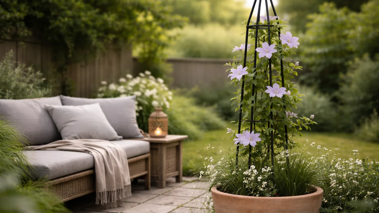 Kleiner Garten im April mit Rankhilfe, Clematis und vertikaler Gartendeko im Pflanzkübel