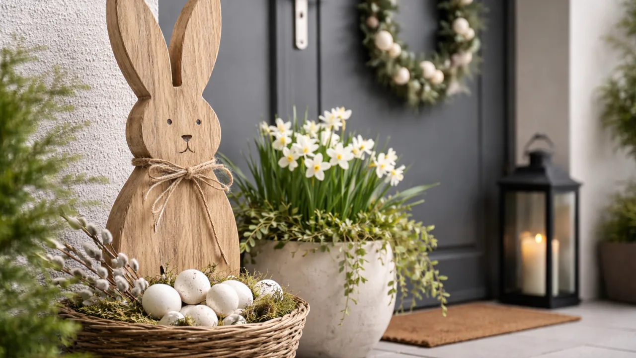 Moderne Osterdeko für die Haustür mit Holzhase, Pflanzen und natürlicher Frühlingsdeko im Eingangsbereich