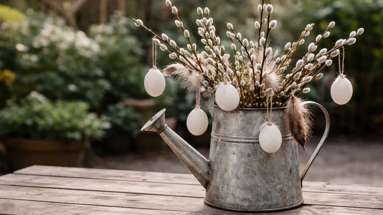 0 Euro Osterdeko im Garten mit Weidenzweigen und Eiern in alter Gießkanne dekoriert