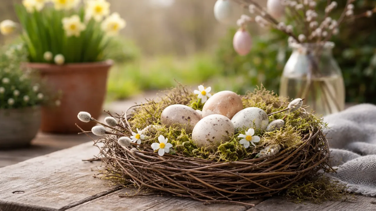 Last Minute Osterdeko im Garten mit natürlichem Osternest aus Moos, Zweigen und Eiern auf Holztisch