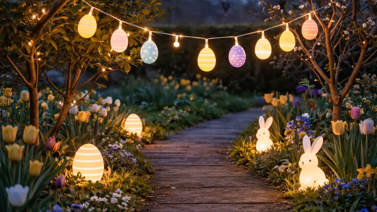 Osterdeko im großen Garten mit beleuchtetem Gartenweg, Osterhasenlampen, Ostereiern und Frühlingsblumen bei Abendlicht.