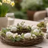 Osterdeko Gartentisch mit Kranz, Narzissen und Naturmaterialien im Frühling draußen dekoriert