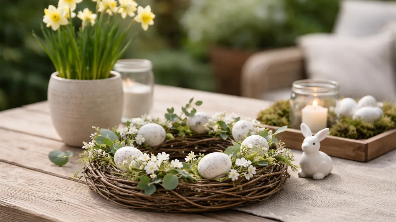 Osterdeko Gartentisch mit Kranz, Narzissen und Naturmaterialien im Frühling draußen dekoriert