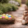 Osterdeko für Gartenwege mit Hasenfigur und Nest voller bunter Eier entlang eines Gartenwegs