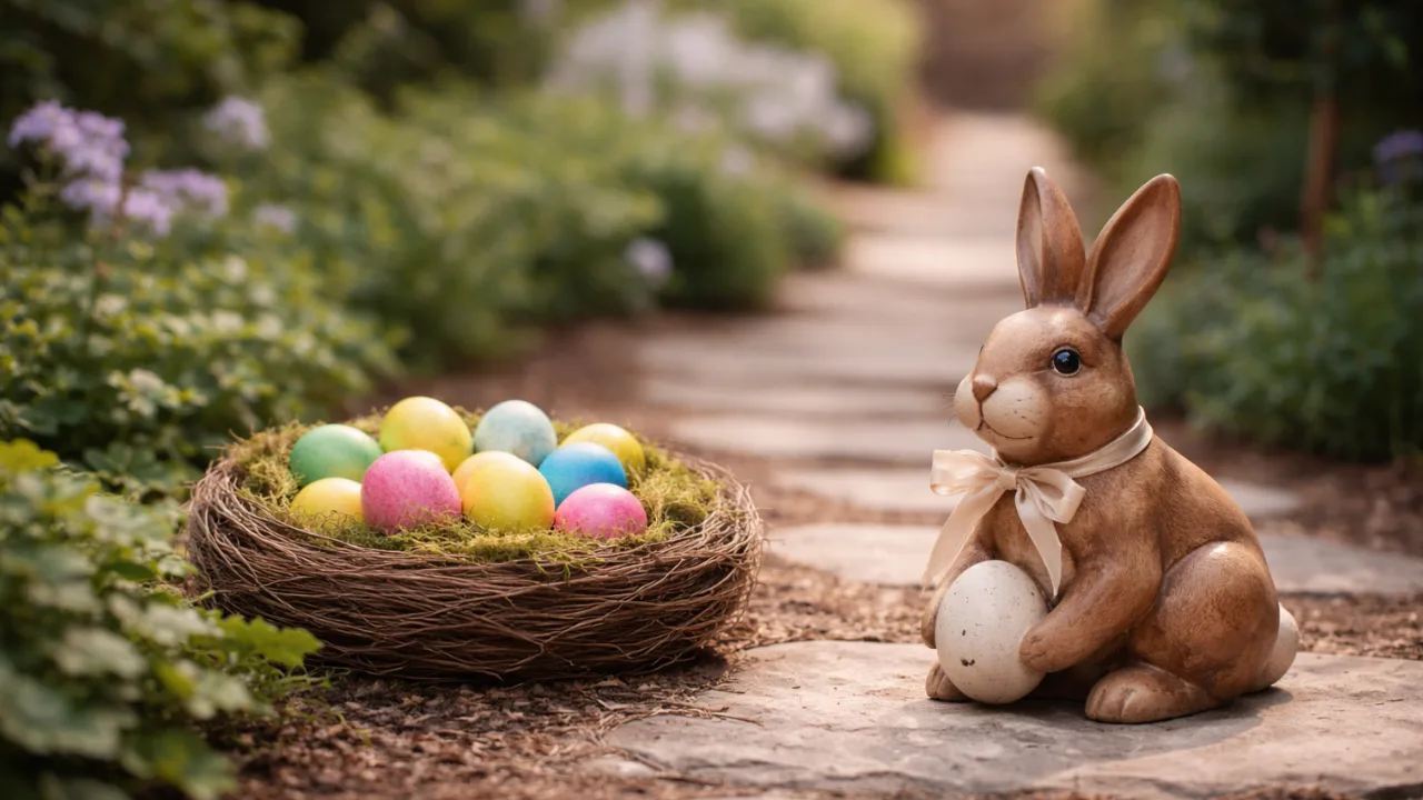 Osterdeko für Gartenwege mit Hasenfigur und Nest voller bunter Eier entlang eines Gartenwegs