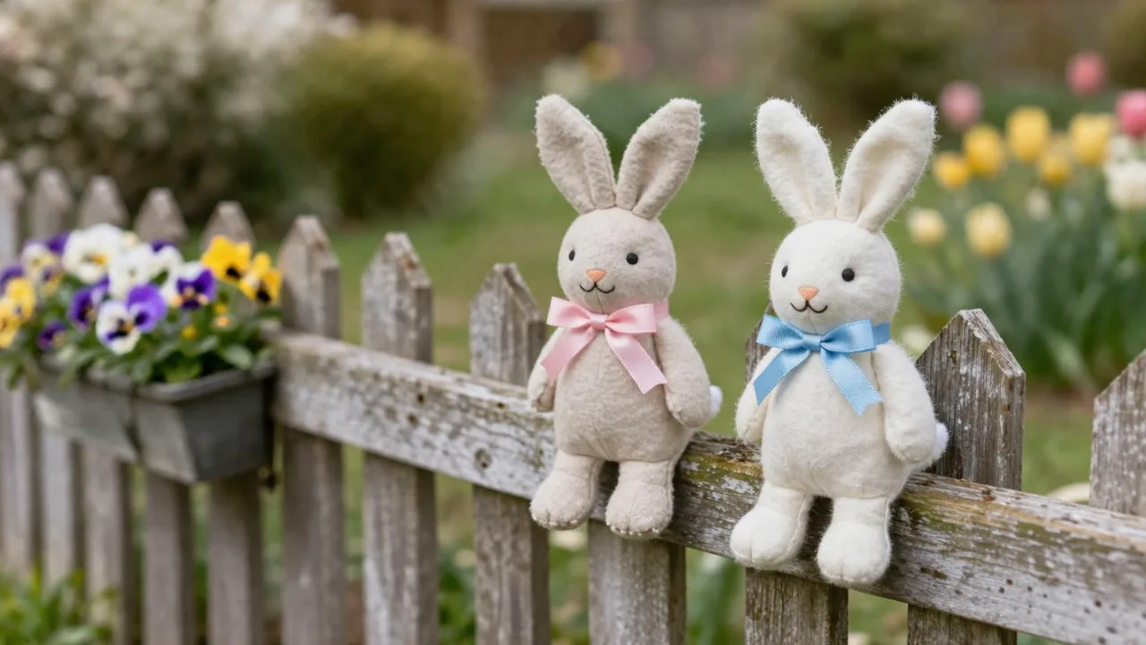 Osterdeko für den Gartenzaun mit zwei Hasenfiguren auf Holzzaun im frühlingshaften Garten